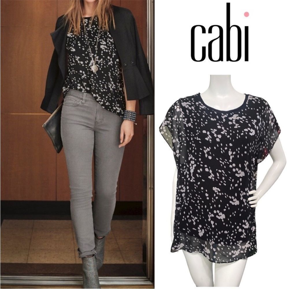 CAbi 3597 Cosmos Night Sky Black Gray Blouse Sheer Chiffon Career Top Sz Small